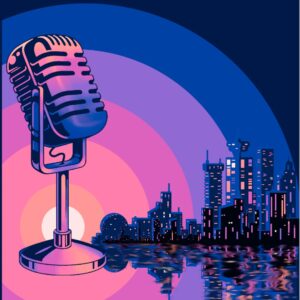 An old fashioned microphone in the foreground with the vancouver cityscape and setting sun in the background