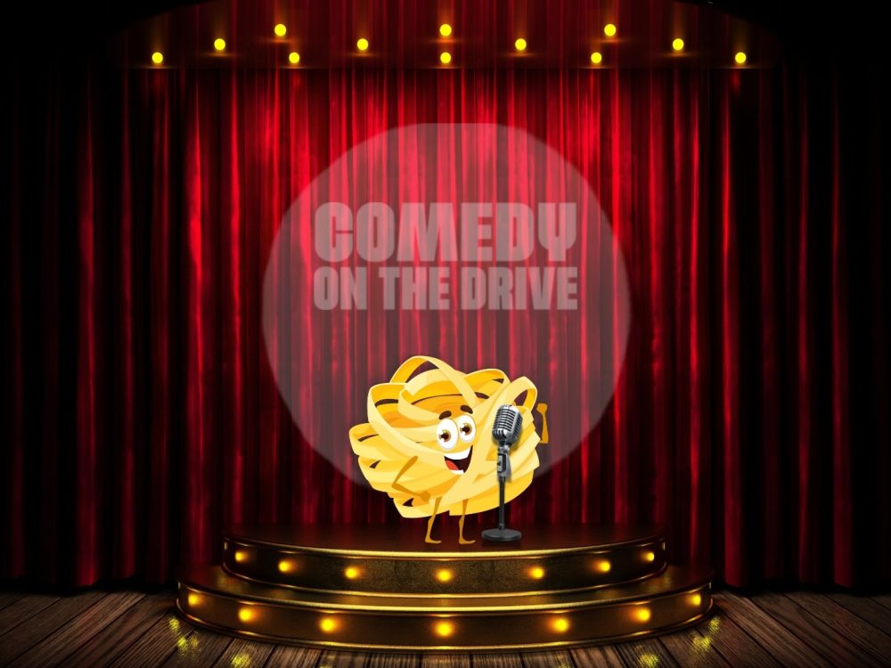 A cartoon character whose body is a sphere of pasta with eyes and legs stands on a small stage in front of a red curtain