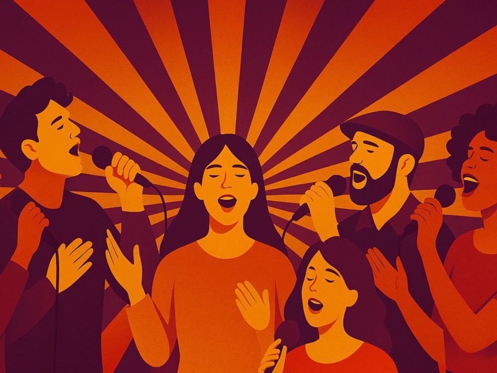 Colorful illustration of many singers with joyful expressions