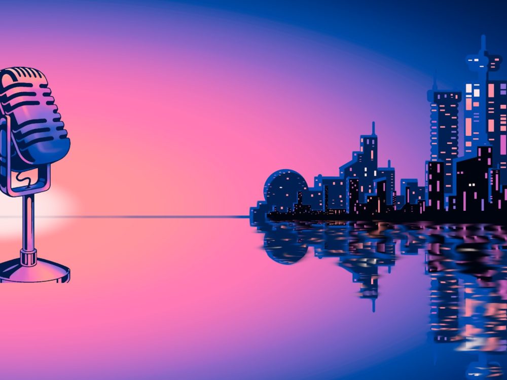 An old fashioned microphone in the foreground with the vancouver cityscape and setting sun in the background